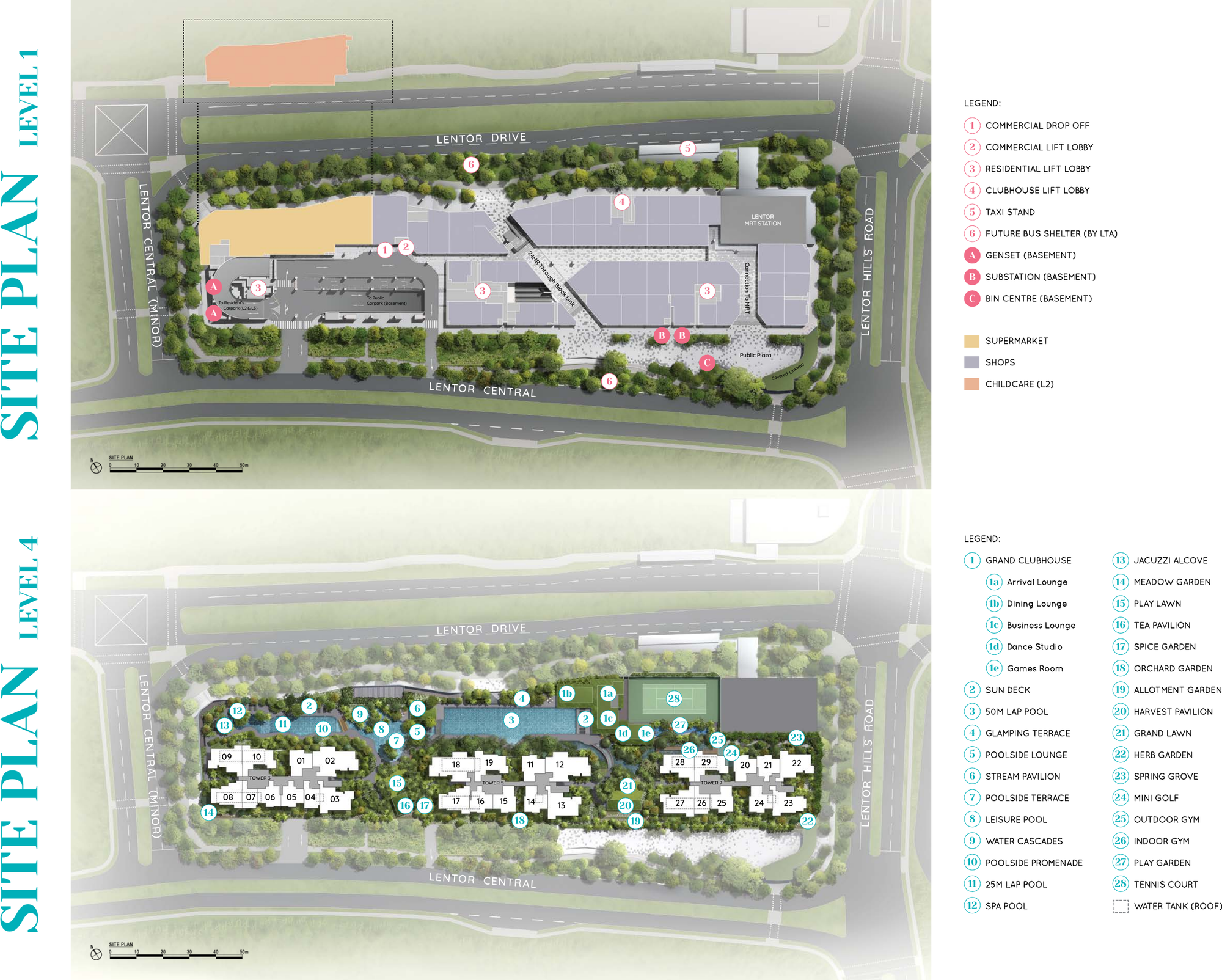 Site plan, level 1 and level 4, with facility legend